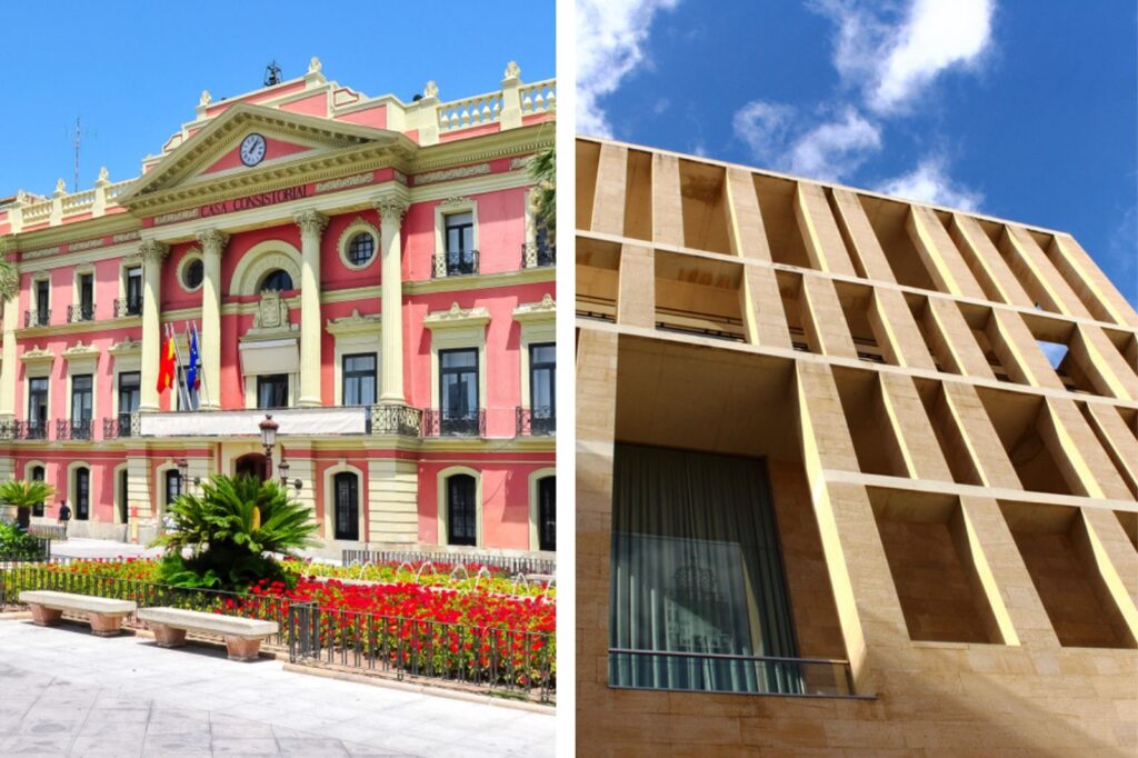 Het stadhuis van Murcia en het moderne bijgebouw